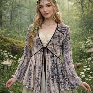 ONE WORLD Earthy Forest Fairy Babydoll Tie-front Tie-Dye Top Jacket size L